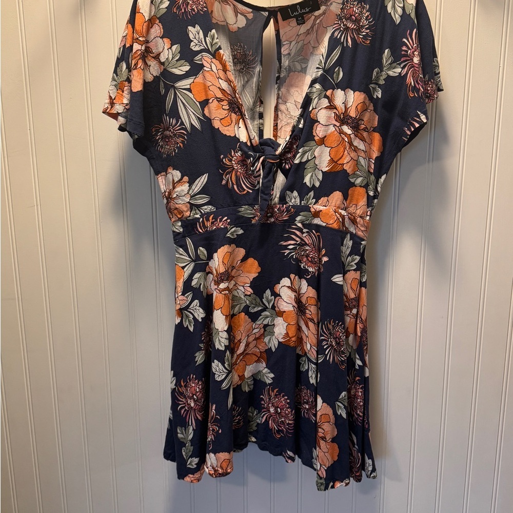 LULUS | Botanic of Time Navy Blue Floral Print Tie-Front Skater Dress | SZ M - Picture 5 of 7